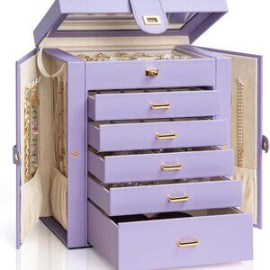 Large Jewelry Box Organizer Functional Lockable with Big Mirror, Leather Jewelry